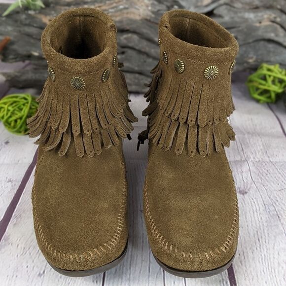 Minnetonka Double Fringe Side Zip Moccasin Boot - Picture 2 of 10